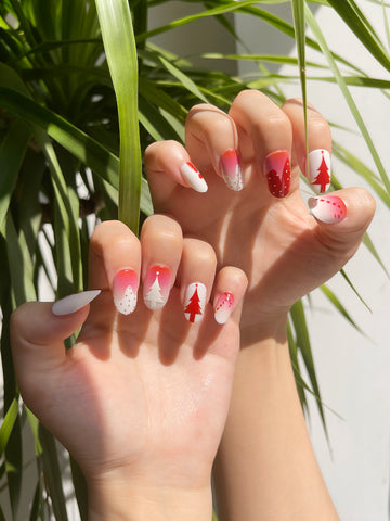 OPOOLA 24 pcs Short Oval Christmas Tree Soft Gel Fake Press On Nails with Jelly Glue&Nail Buffer